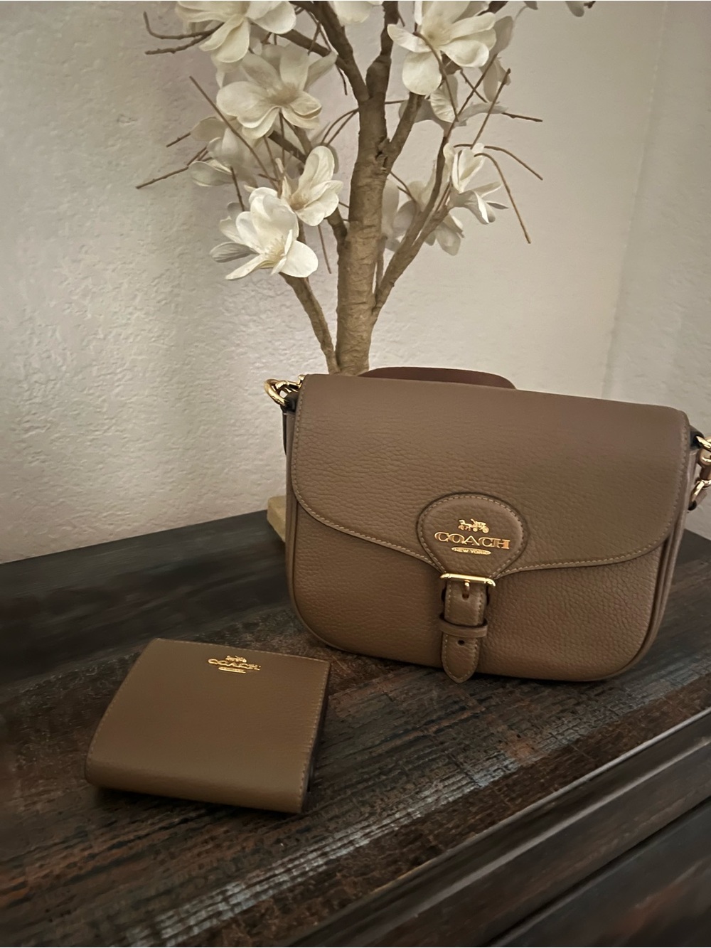 Coach Pebbled Leather Crossbody in Taupe Brown with Gold Hardware